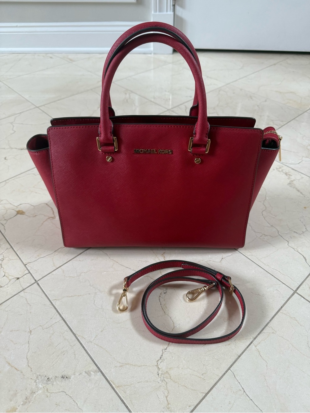 Michael Kors Red Saffiano Satchel with Removable Strap